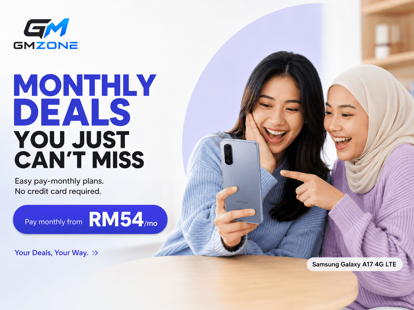 GMZONE Monthly Deals banner featuring Samsung Galaxy A17 4G LTE pay monthly offer