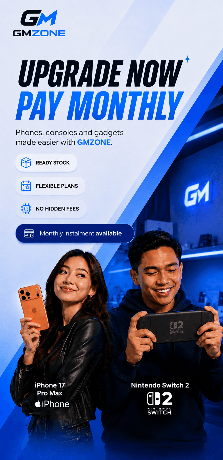 GMZONE upgrade now pay monthly gadgets and consoles promotion
