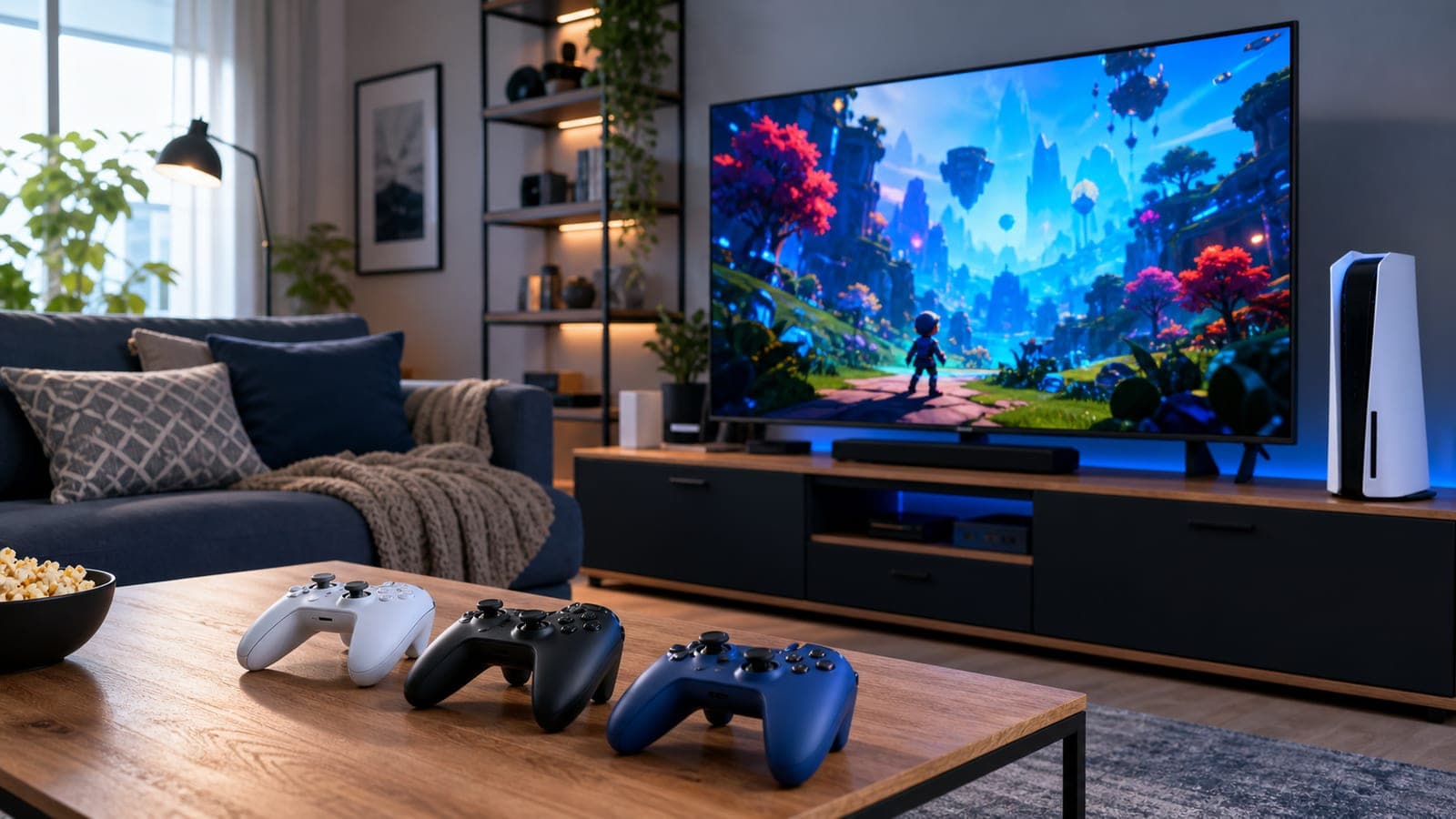Family gaming console setup in living room