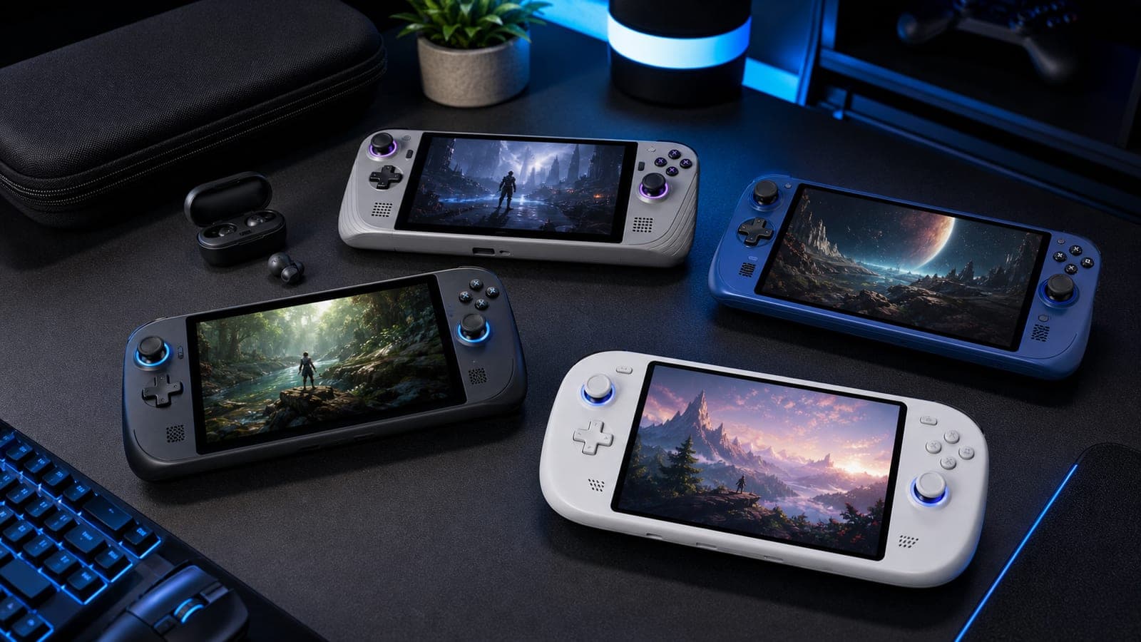 Handheld gaming consoles on a clean desk setup